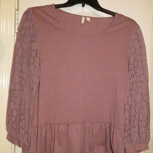 Cato Light Purple Ruffle Hem Lace Sleeve Top